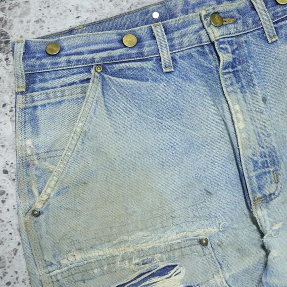 THRASHED Vintage Carhartt B07 DNM Faded Blue Jeans Denim Double Knee Pant 34x31 - Picture 6 of 16